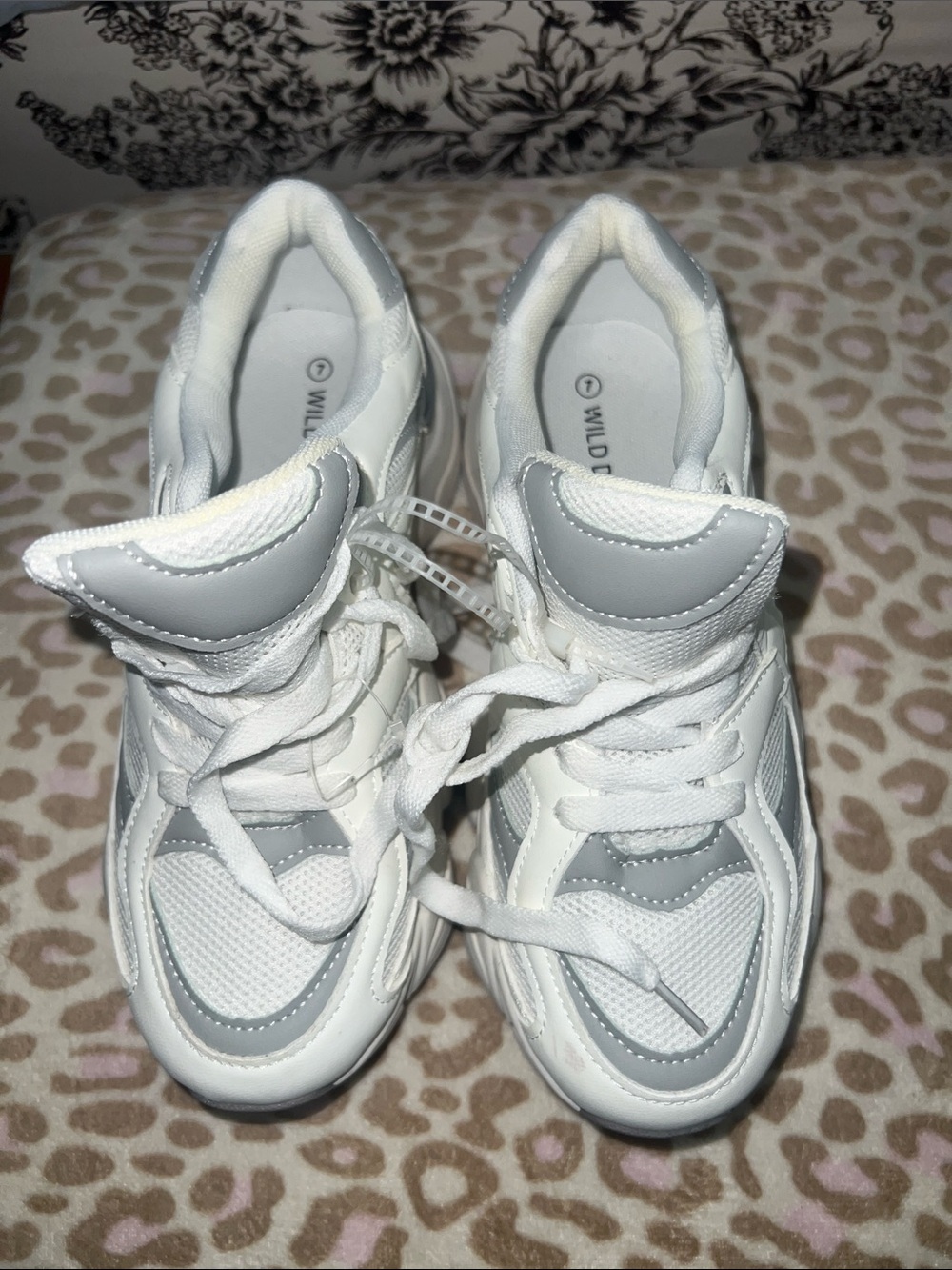 Wild Diva White and Light Gray Chunky Lace-Up Sneakers